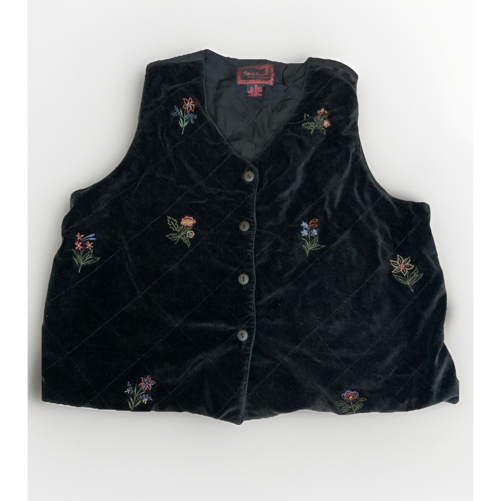 April Cornell Vest Black Velvet Embroidered Size Medium Cottagecore Preppy Norm
